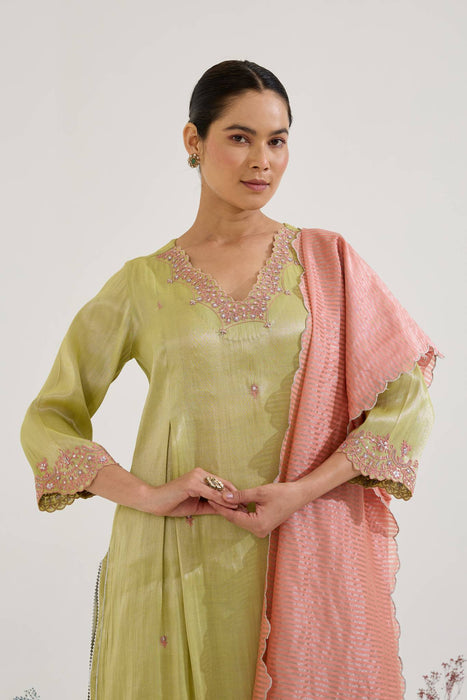 Lime Rose Dori Tissue Kurta with Wide Leg Pants and Dupatta - Set of 3