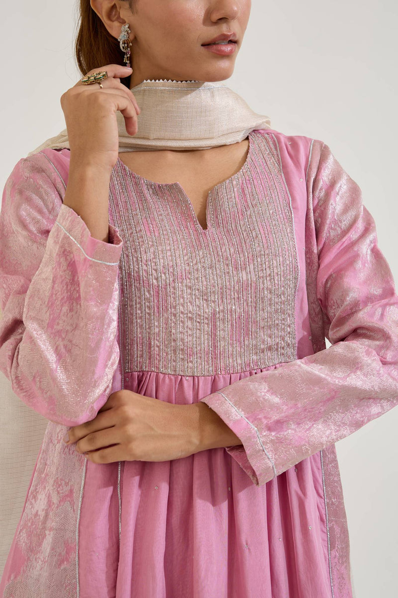 Lilac Dori Jacquard Kurta with Wide Leg Pants and Dupatta - Set of 3