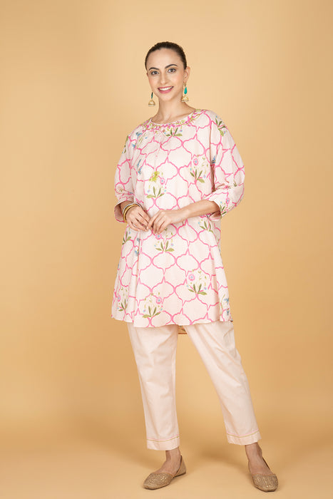 Nude Pink Embroidered Floral Print Short Kurta with Solid Pants