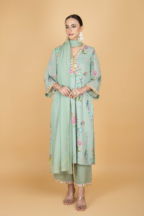 Green Floral Print Mirror Embroiderd Kurta With Pants & Dupatta