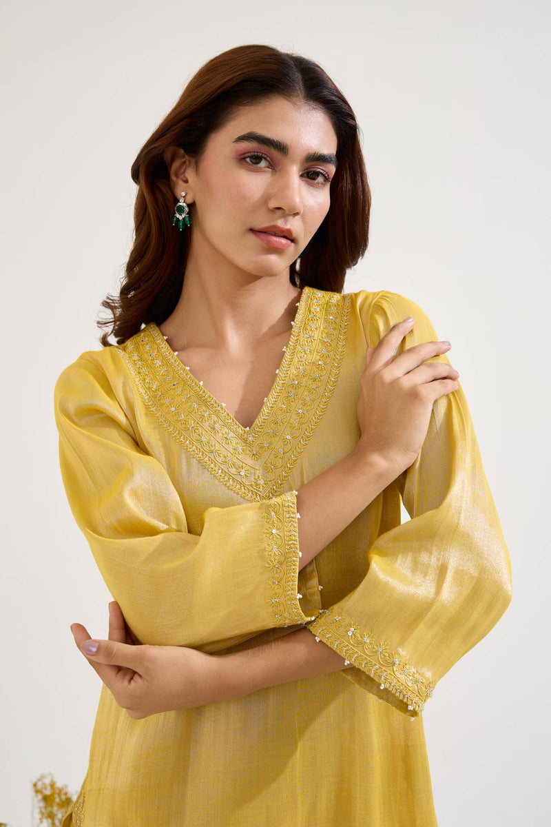 Old Yellow Charm Tissue Kurta with Sharara - Set of 2