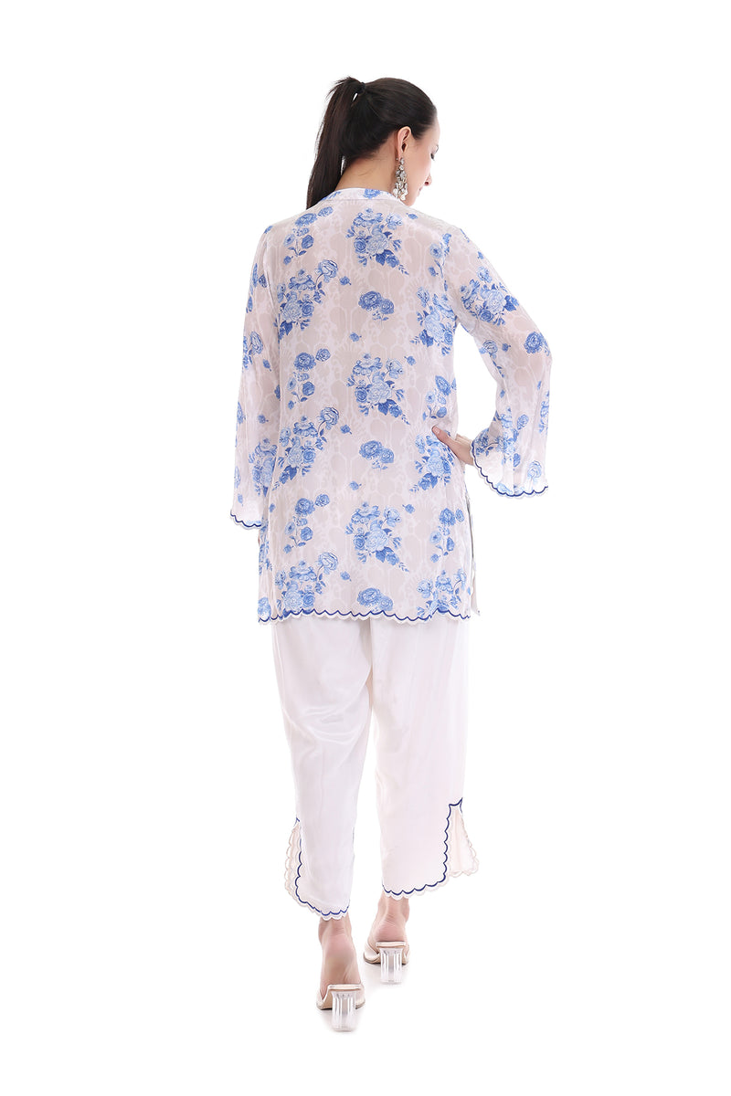 Blue White Floral Printed Cord Set