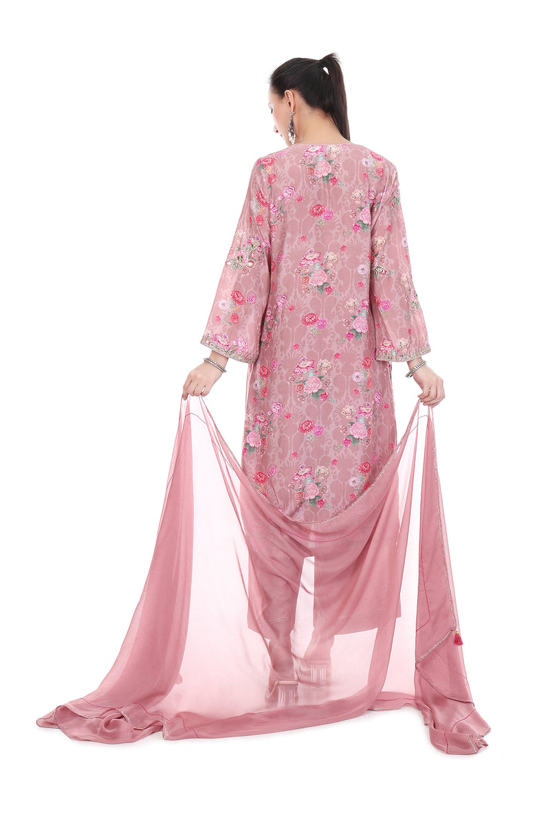 Pink Embroidered Floral Printed Kurta Set