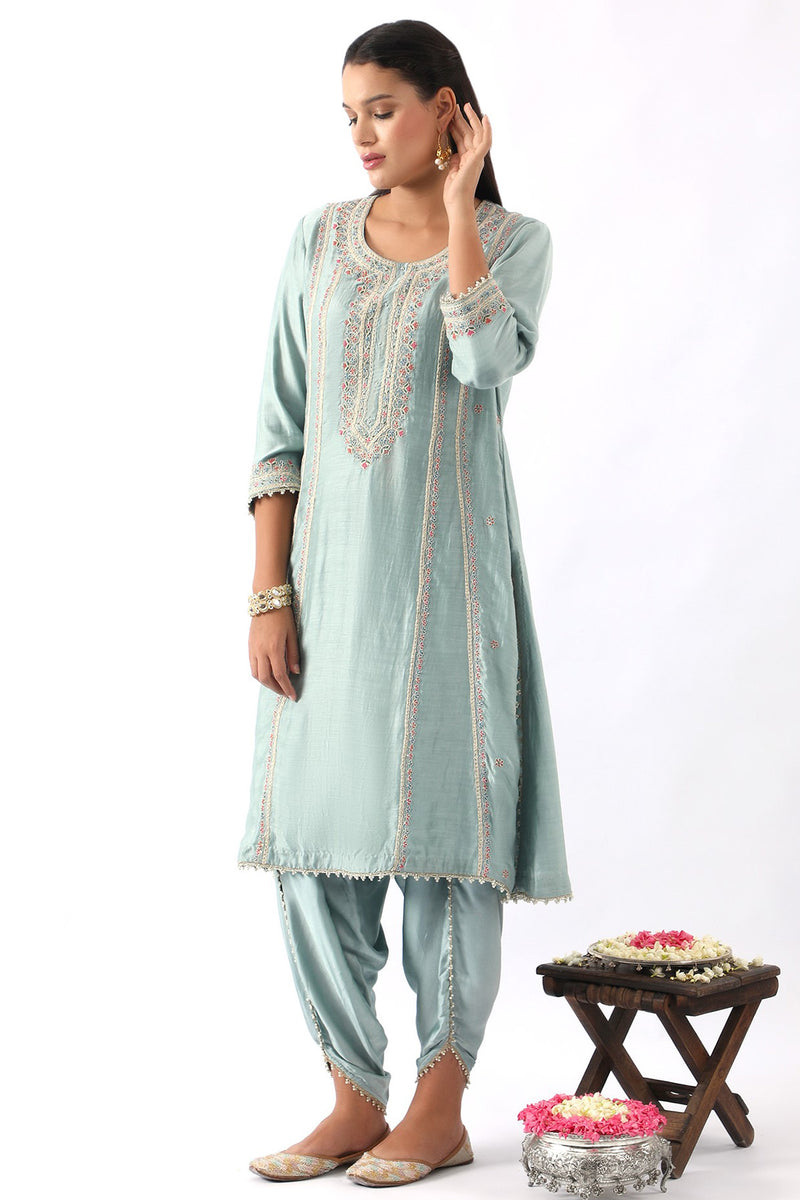 Ice Blue Embroidered A-Line Kurta & Dhoti Set
