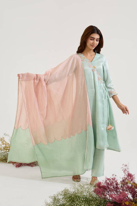 Mint Floral Embroidered Zari Chanderi Stripe with Tissue Panel Dupatta