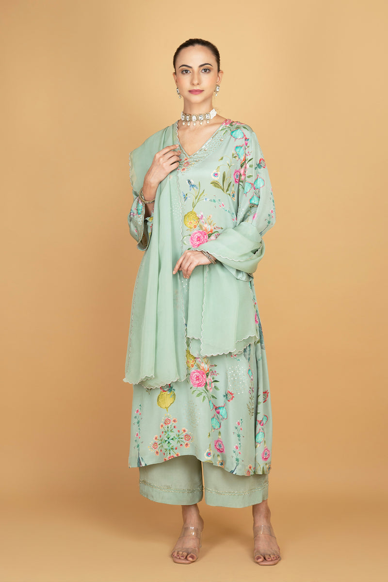 Green Floral Printed Sequin Embroidery Kurta with Pant & Dupatta Set