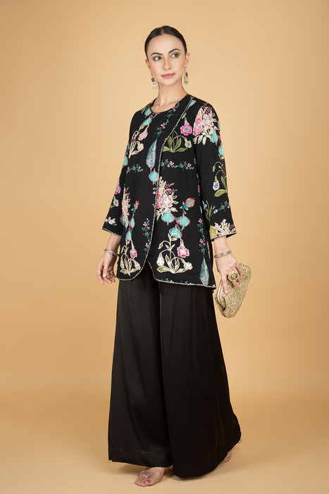 Black Floral Print Embroidered Overlay Top With Pants