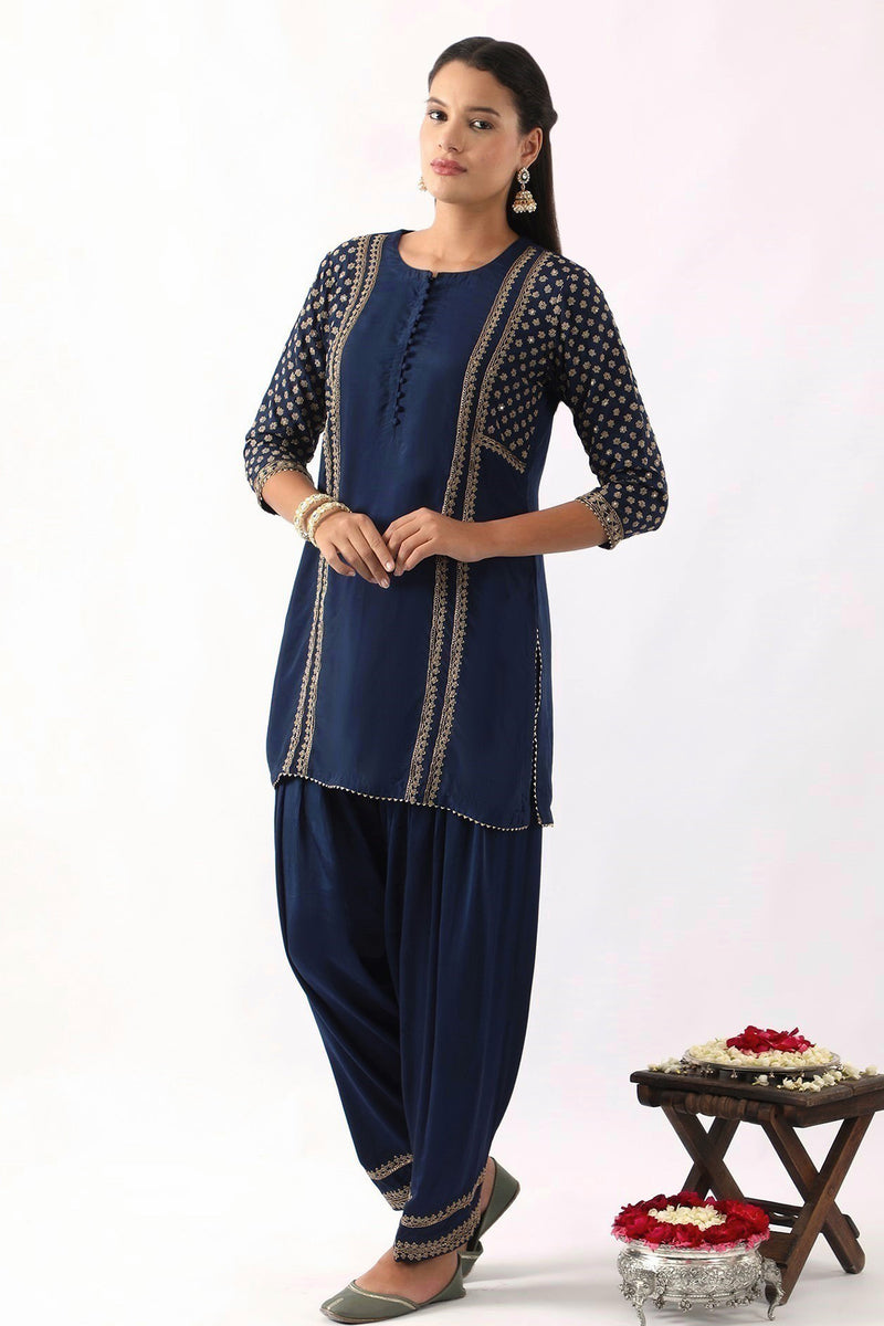 Midnight Blue yoke & sleeve embroidered short kurta & Salwar set
