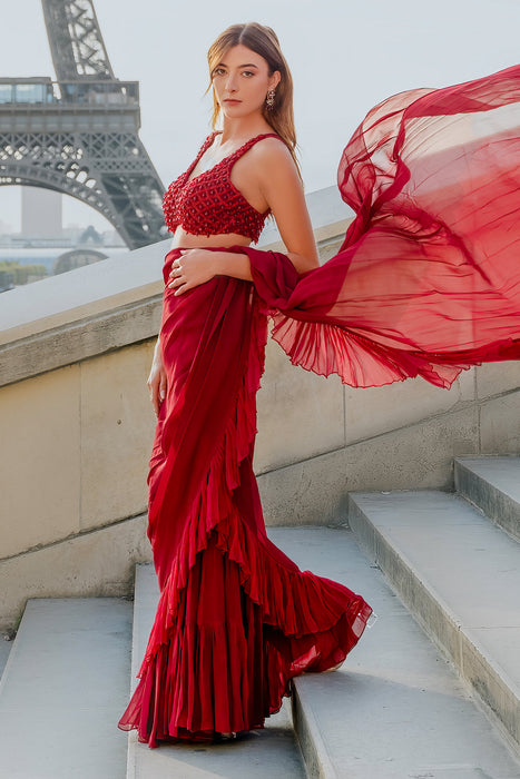 Maroon sharara saree with embroidered blouse