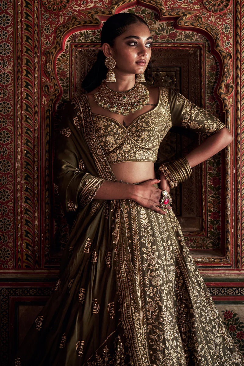 OLIVE PRINTED Chanderi silk Lehenga set