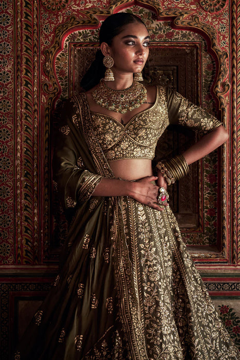 OLIVE PRINTED Chanderi silk Lehenga set