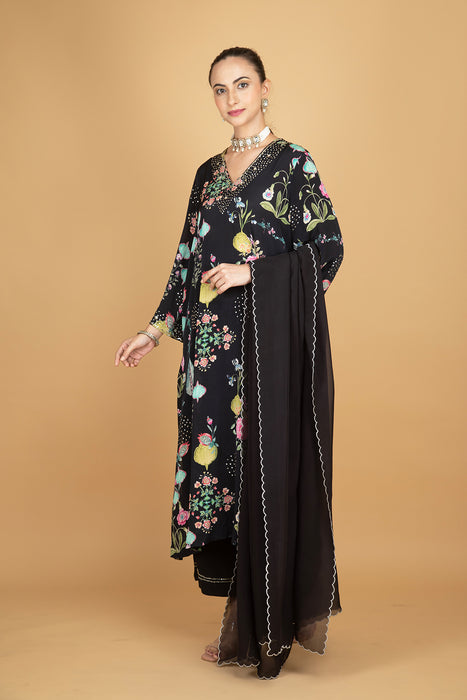 Black Floral Printed Sequin Embroidery Kurta with Pant & Dupatta Set