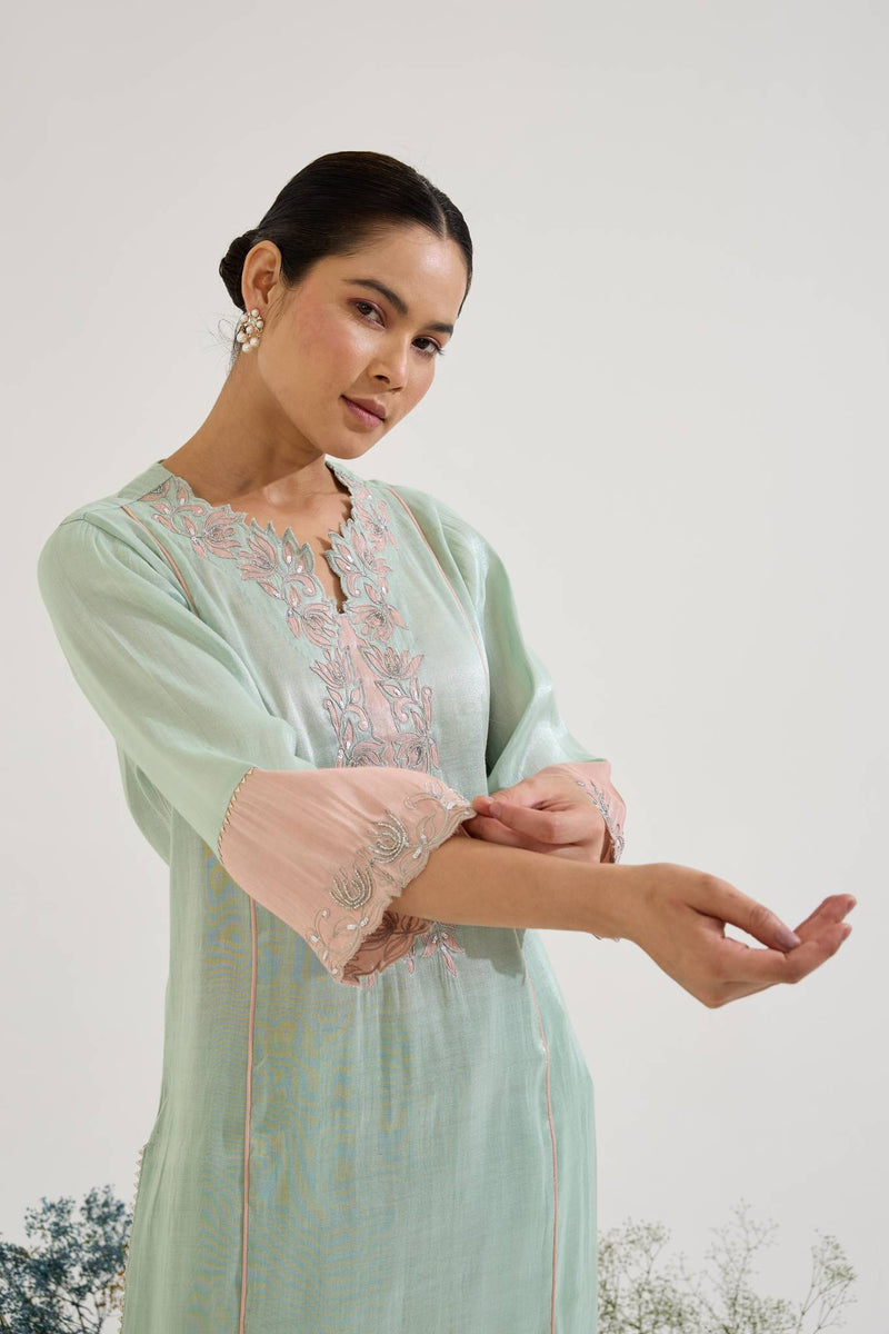 Mint Lotus Applique Tissue Kurta with Narrow Pants and Dupatta - Set of 3