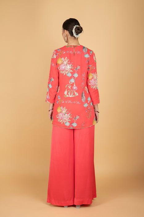 Coral Pink Floral Print Embroidered Overlay Top  W/Pants