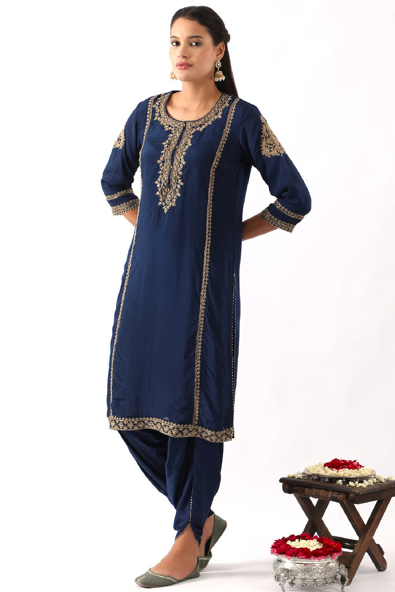 Midnight Blue Neck Embroidered Kurta & Dhoti Set