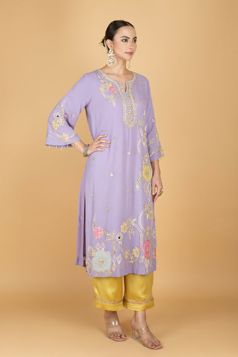 Purple Embroidered Kurta W/Contrasting Pant & Shaded Dupatta