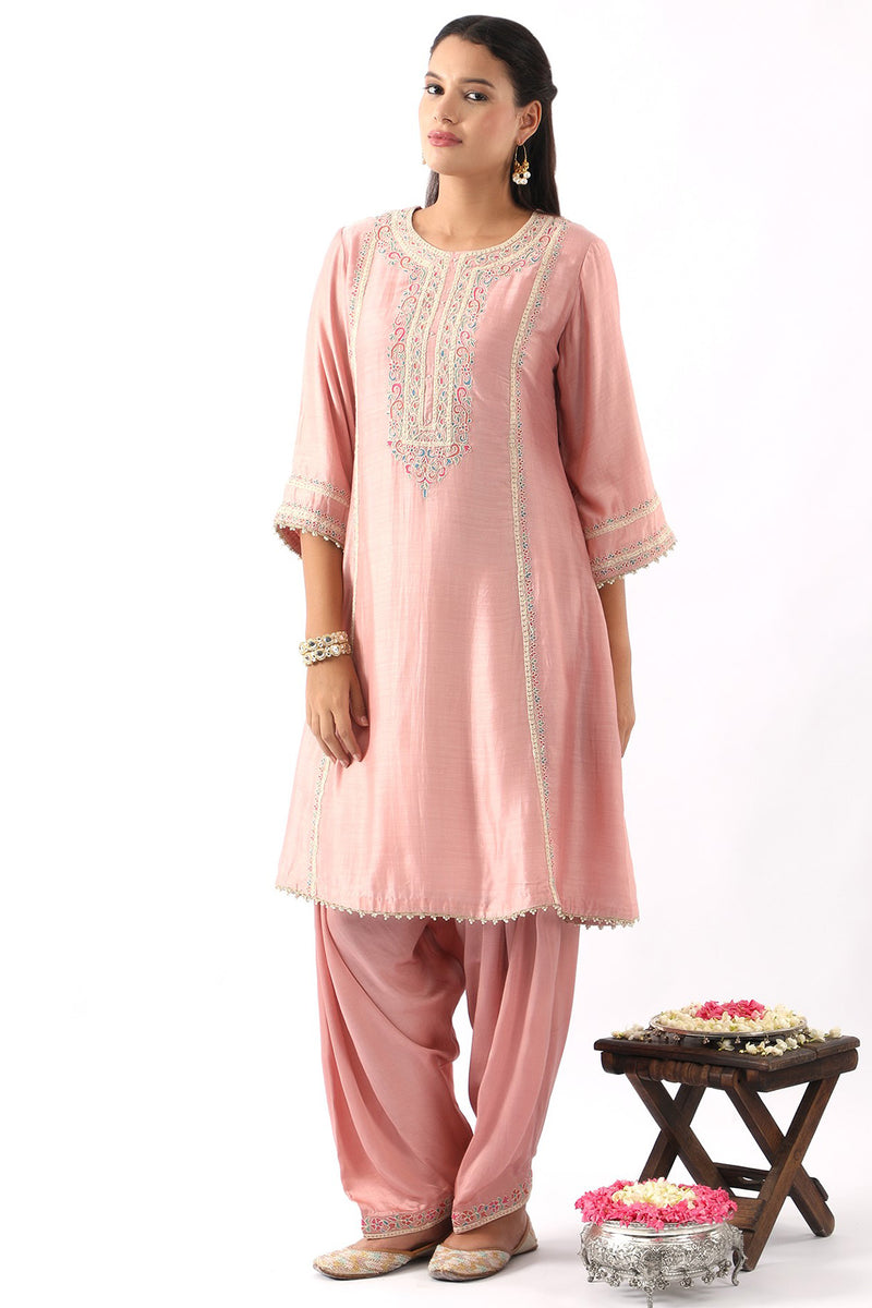 Blush Pink Embroidered A-Line Kurta & Salwar Set