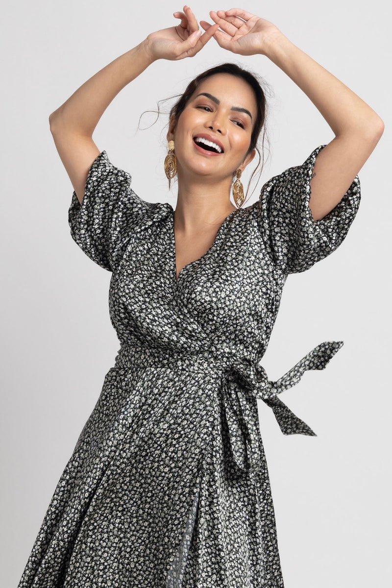 Noir Botanical Surplice Midi Dress