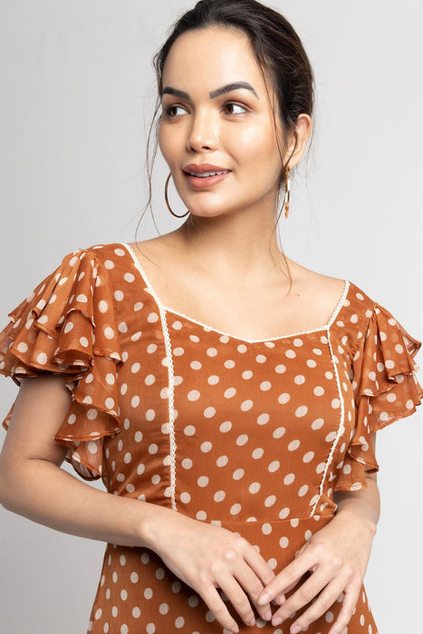Brown Polka Midi Dress