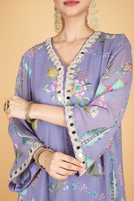 Purple Floral Print Mirror Embroiderd Kurta With Pants & Dupatta
