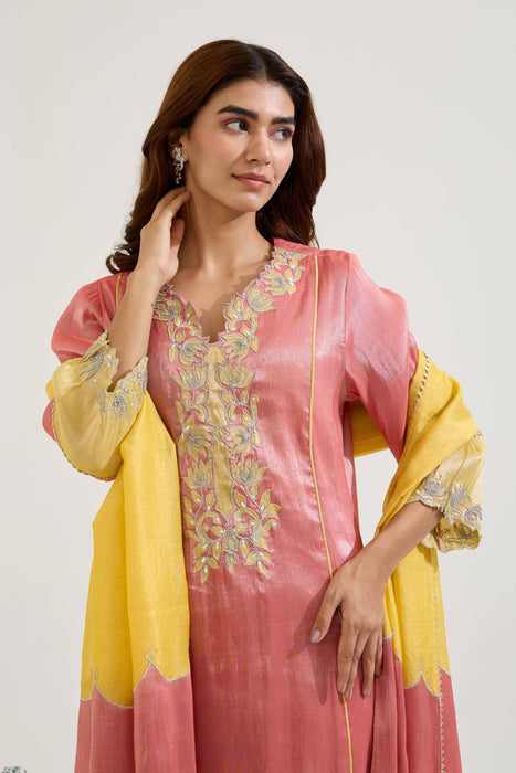 Red Lotus Applique Tissue Kurta with Narrow Pants and Dupatta - Set of 3