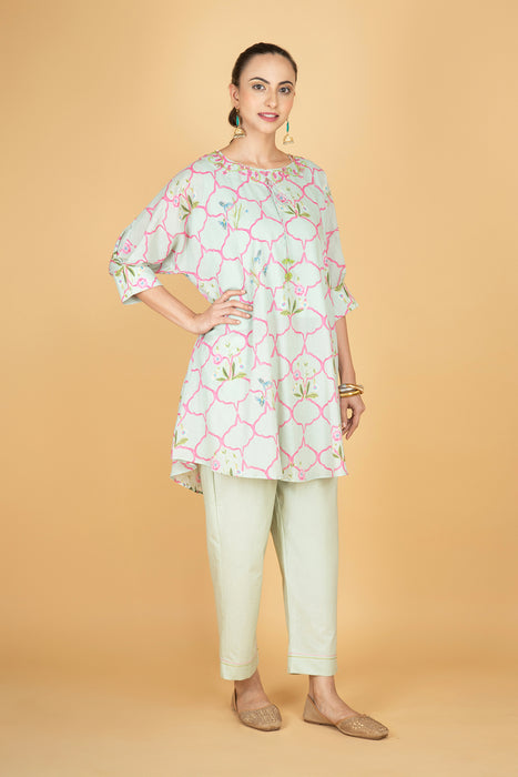 Green Embroidered Floral Print Short Kurta with Solid Pants