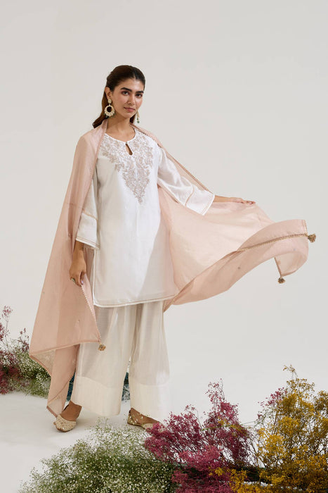 Rosy White Zari Scallop Chanderi Stripe Dupatta