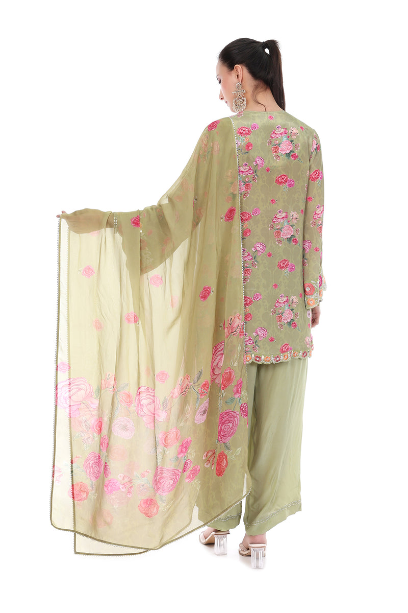 Green Embroiderd Floral Short Kurta Set