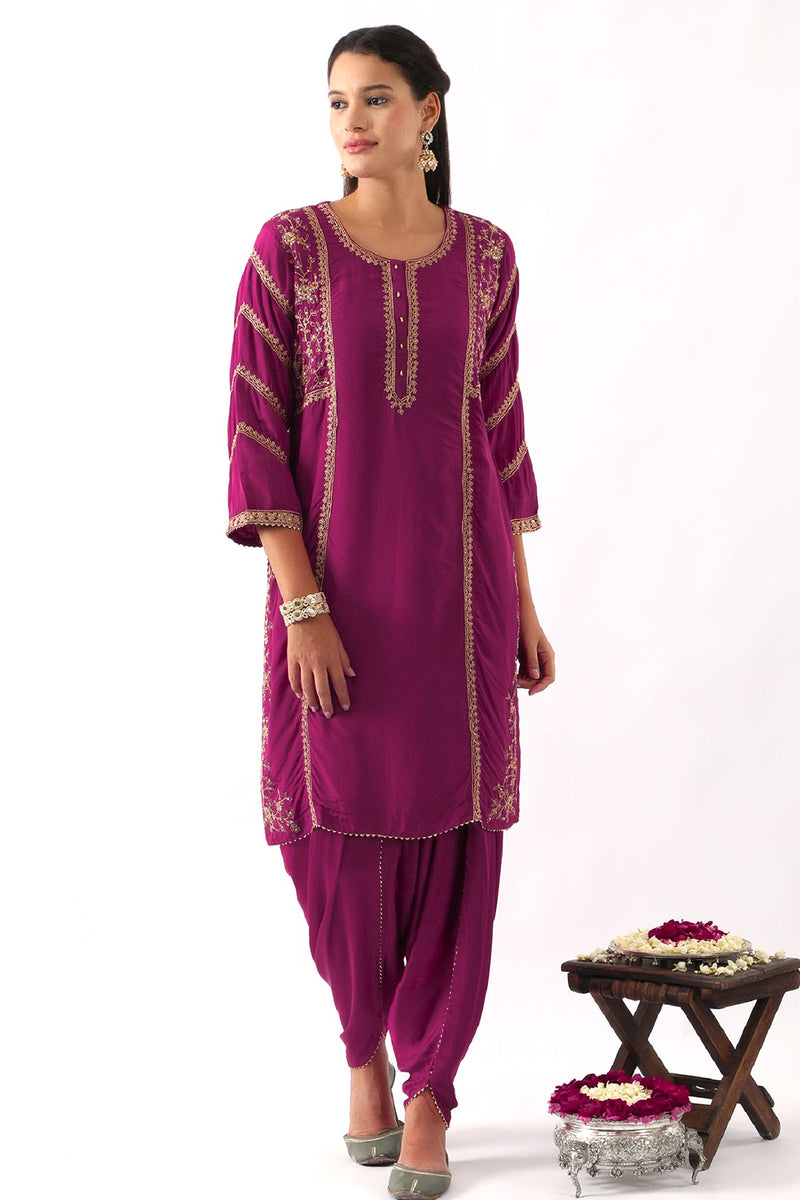 Magenta Pink Dori Embroidered Kurta & Dhoti Set
