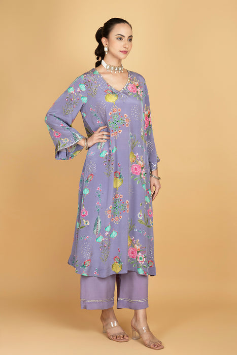 Purple Floral Printed Sequin Embroidery Kurta with Pant & Dupatta Set