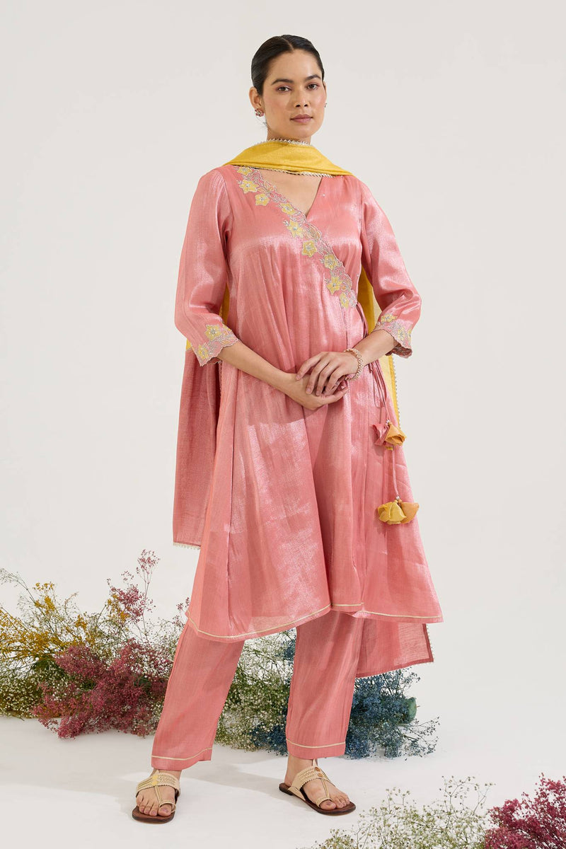 Carrot Floral Embroidered Zari Chanderi Stripe with Tissue Panel Dupatta