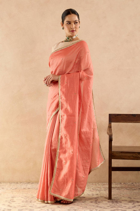 Red Gold Sequins Chanderi Stripe Saree with Tissue Blouse