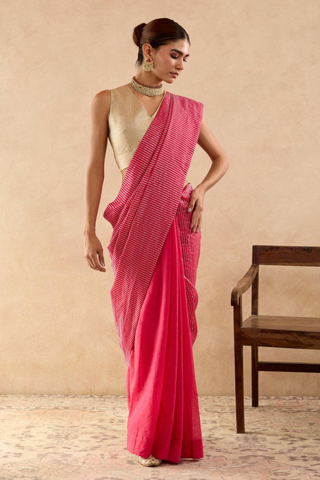 Fuchsia Pink Chanderi Saree with Stripe Pallu with Dupion Zari Blouse