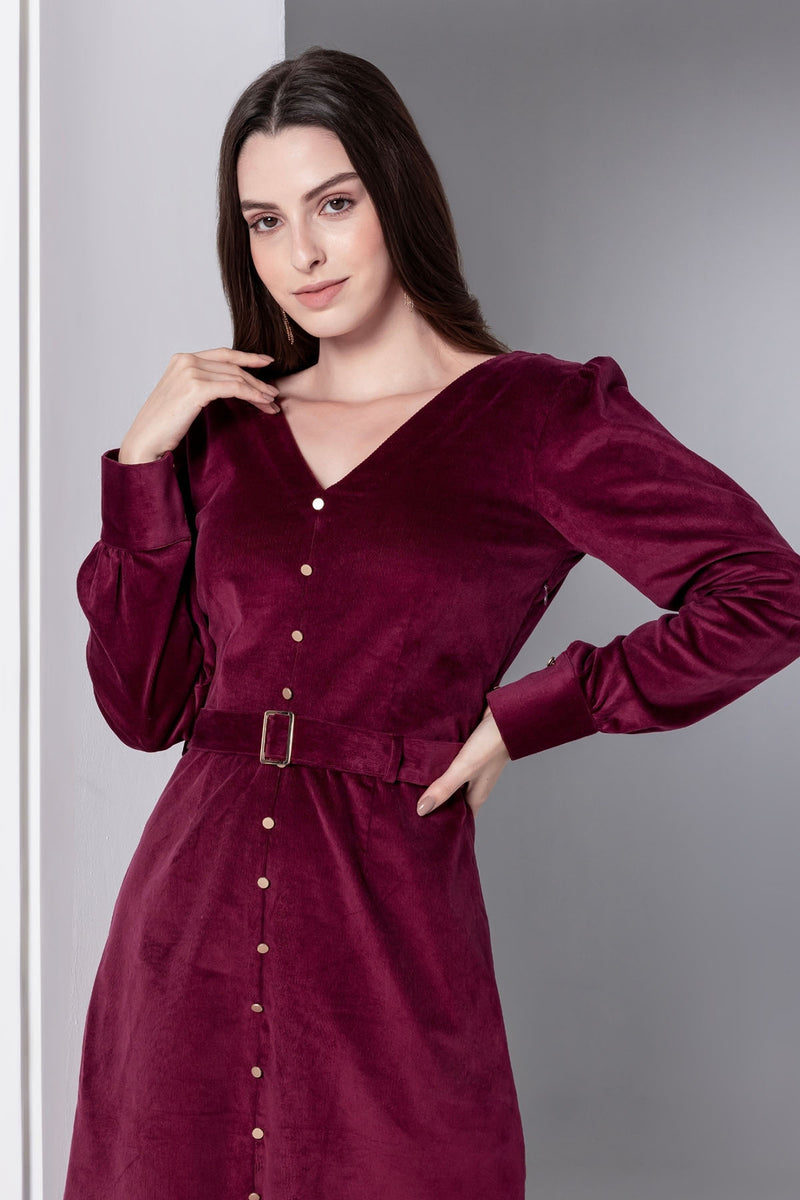 Bordeaux Grace Corduroy Midi Dress