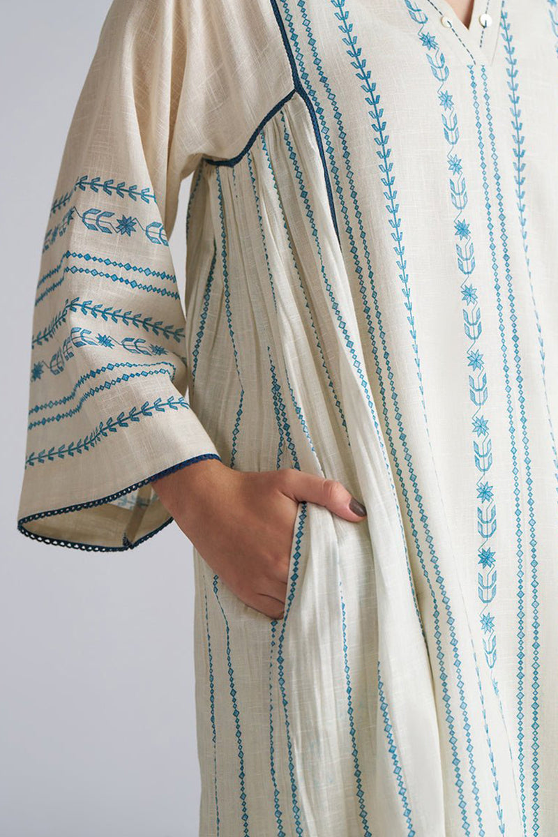Ivory With Blue Cotton Linen Co-ord Set