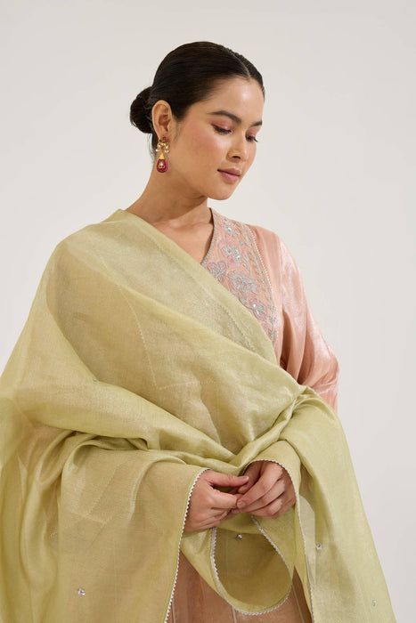 Mint Pink Sequins Floral Chanderi Stripe Dupatta