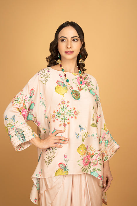 Nude Pink Printed Embroidered High Low Top W/Drape Skirt