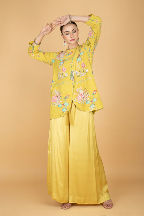 Lemon Yellow Floral Print Embroidered Overlay Top  W/Pants