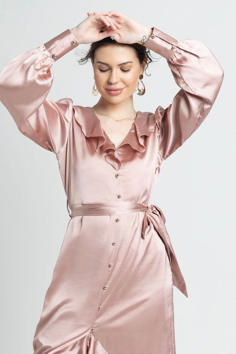 Rose Gold Ruffle V Midi Dress