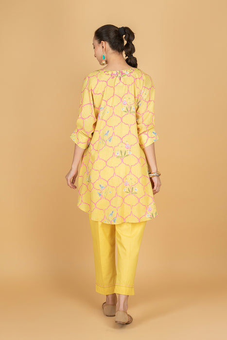 Lemon Yellow Embroidered Floral Print Short Kurta with Solid Pants