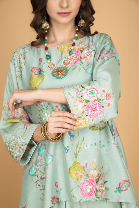 Green Printed Embroidered High Low Top W/Drape Skirt