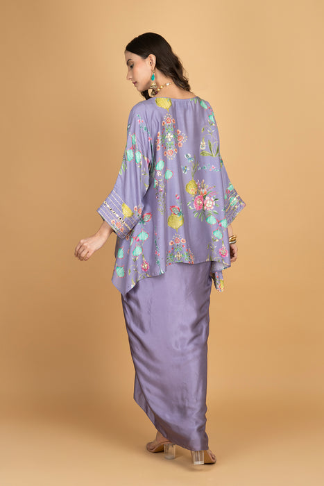 Purple Printed Embroidered High Low Top W/Drape Skirt