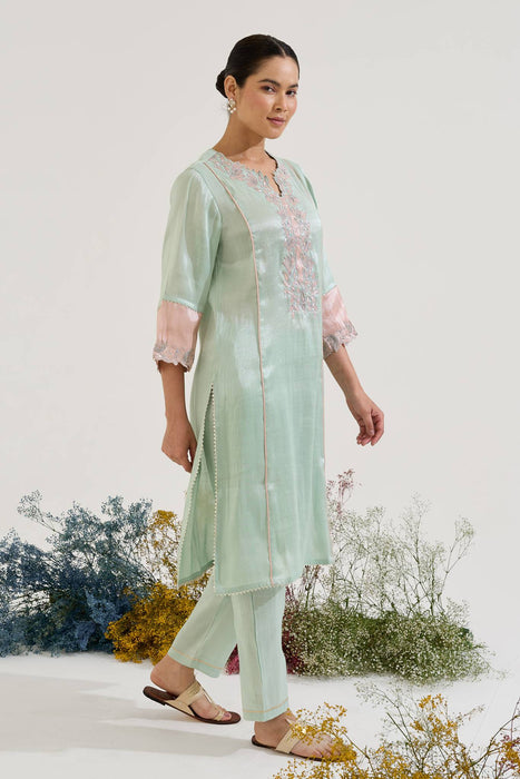 Mint Lotus Applique Tissue Kurta with Narrow Pants - Set of 2