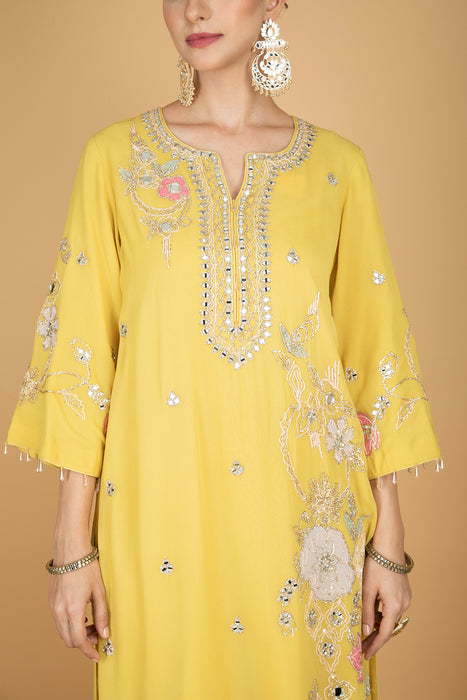 Lime Yellow  Embroidered Kurta W/Pant & Dupatta
