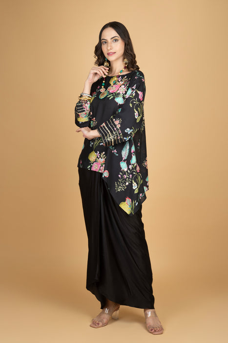Black Printed Embroidered High Low Top W/Drape Skirt