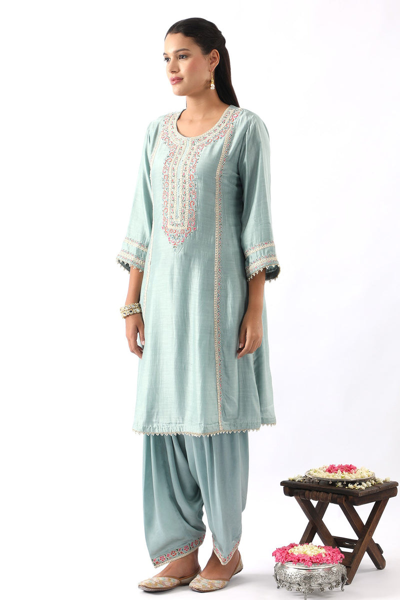 Ice Blue Embroidered A-Line Kurta & Salwar Set