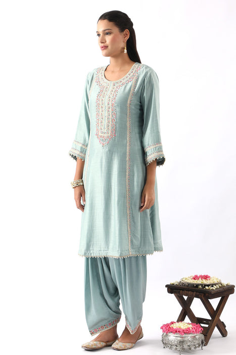 Ice Blue Embroidered A-Line Kurta & Salwar Set
