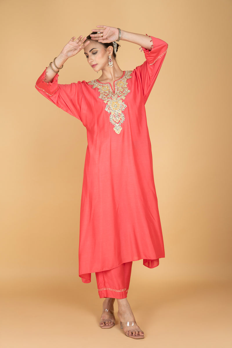 Coral Pink  Embroidered Kaftaan  Kurta With Pants