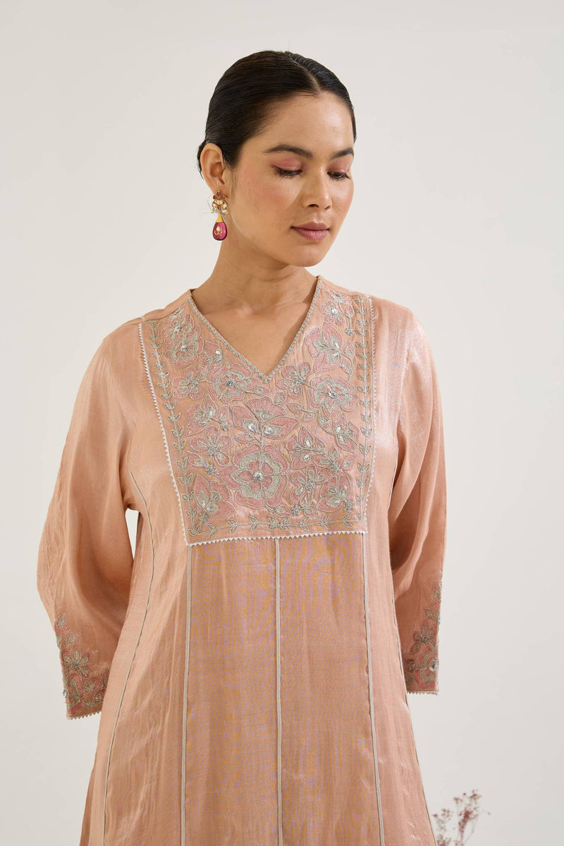 Pink Floral Zari Tissue Anarkali with Narrow Pants - Set of 2