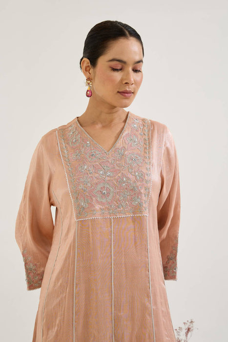 Pink Floral Zari Tissue Anarkali with Narrow Pants - Set of 2